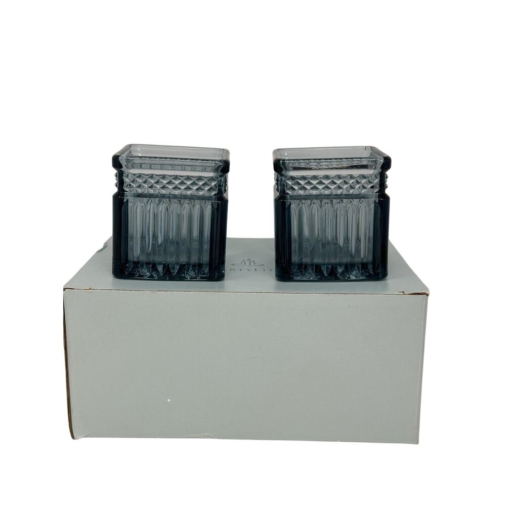 PARTYLITE “Radiant Glow” Pair of Candle Holders “Toscana” Square Blue RETIRED